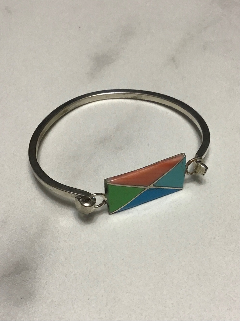 Mexico Alpaca Bangle Bracelet with Coral, Green & Blue Inlay Accent